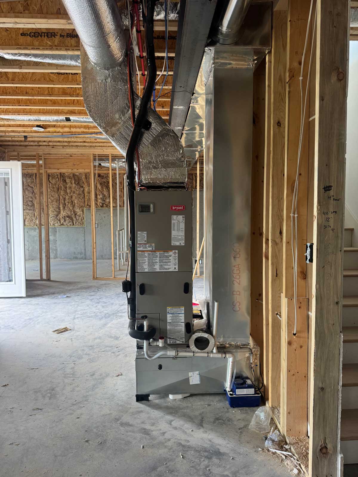 Indoor HVAC system and ductwork installed in new construction